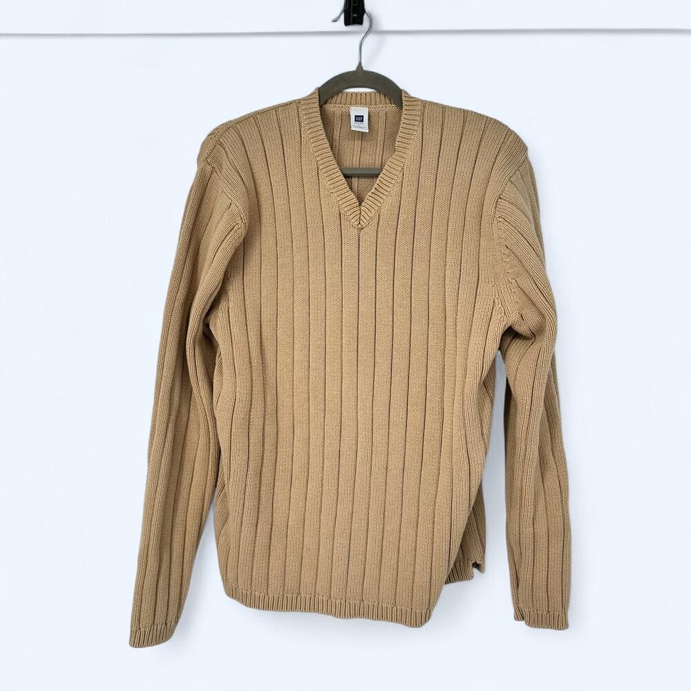 Camel Chunky Wide V Neck Sweater Preppy Minimalist Retro 100% Cotton Sweater